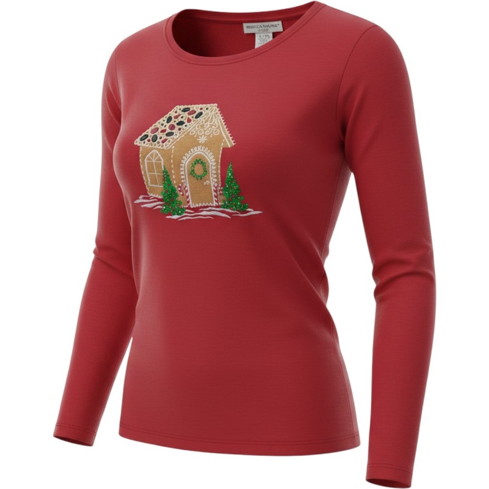 Rebecca Malone Petite Red Long Sleeve Gingerbread House Christmas Shirt Size L